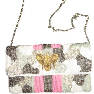 NEW, Queen Bee Seed Bead Pink Gray White Tan Clutch Shoulder Bag Snap Close